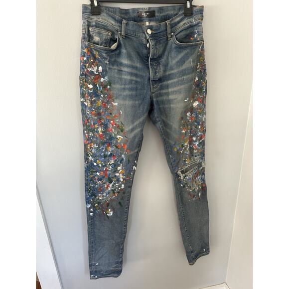 Amiri Men's Skinny Paint Splatter Factory Distress Blue Denim Jeans Sz 34 - Picture 1 of 11